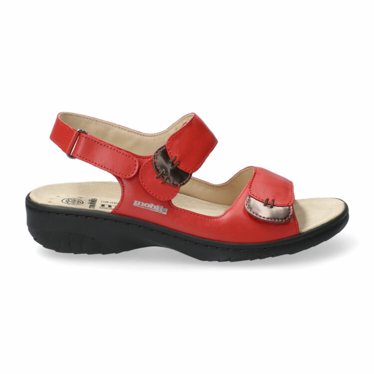 Sandales réglables rouges pour femme marque Mobils. Getha Scarlet. Disponible chez Chauss'Family magasin de chaussures à Issoire.