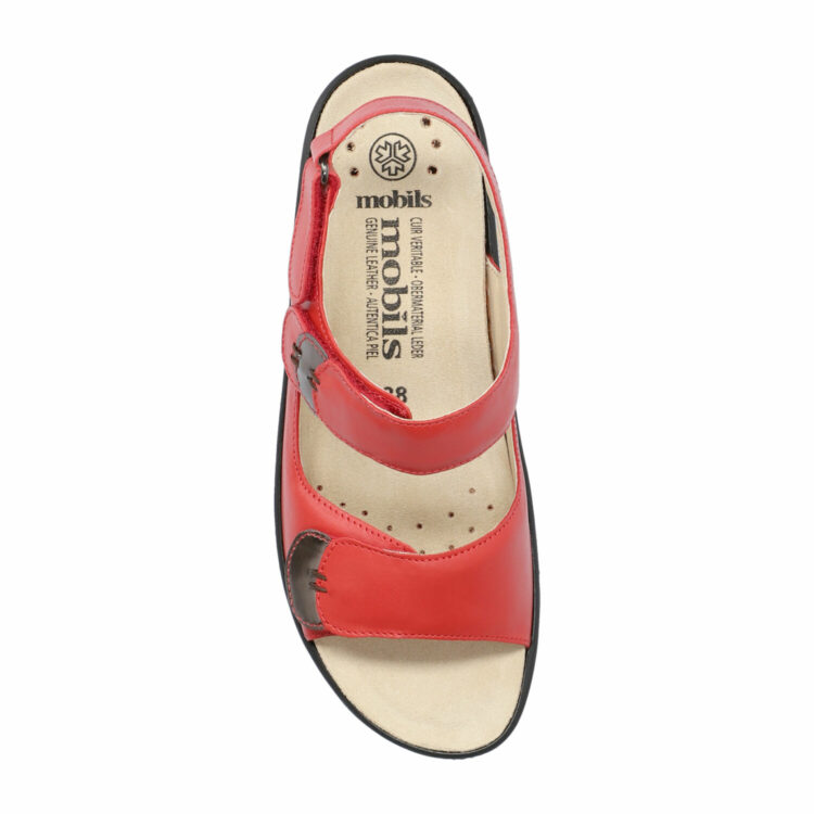 Sandales réglables rouges pour femme marque Mobils. Getha Scarlet. Disponible chez Chauss'Family magasin de chaussures à Issoire.