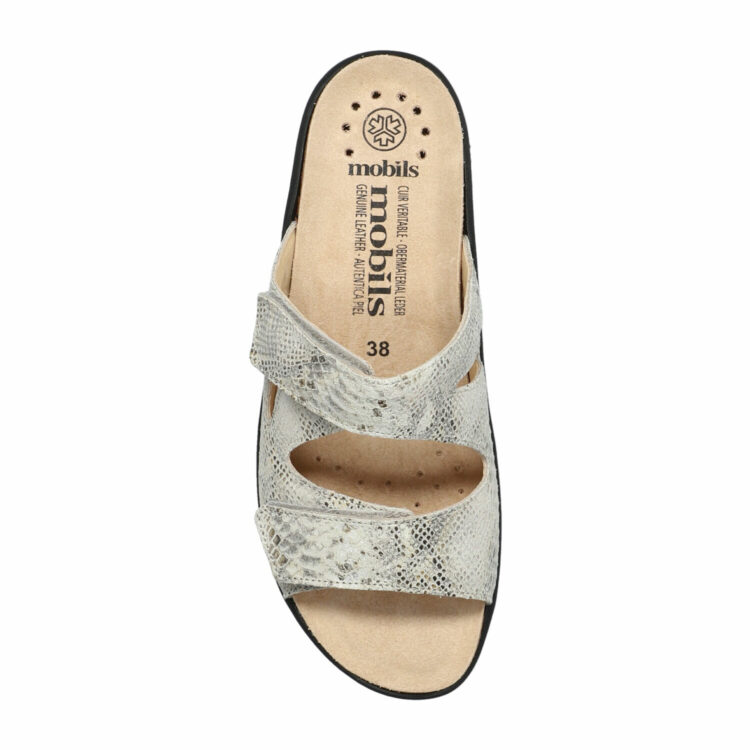 Sandales réglables pour femme marque Mobils. Geva Boa Platinum. Disponible chez Chauss'Family magasin de chaussures à Issoire