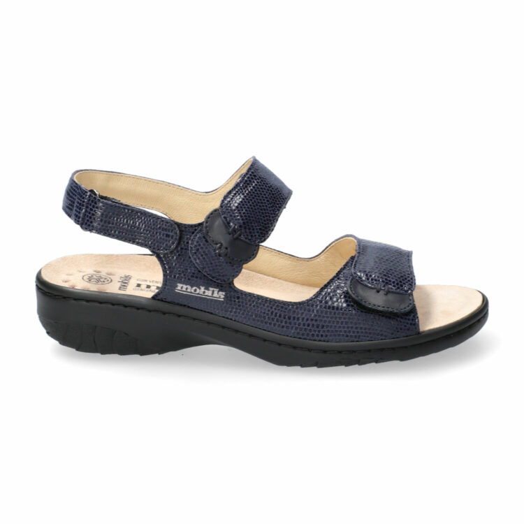 Sandales réglables pour femme marque Mobils. Getha Navy. Disponible chez Chauss'Family magasin de chaussures à Issoire.