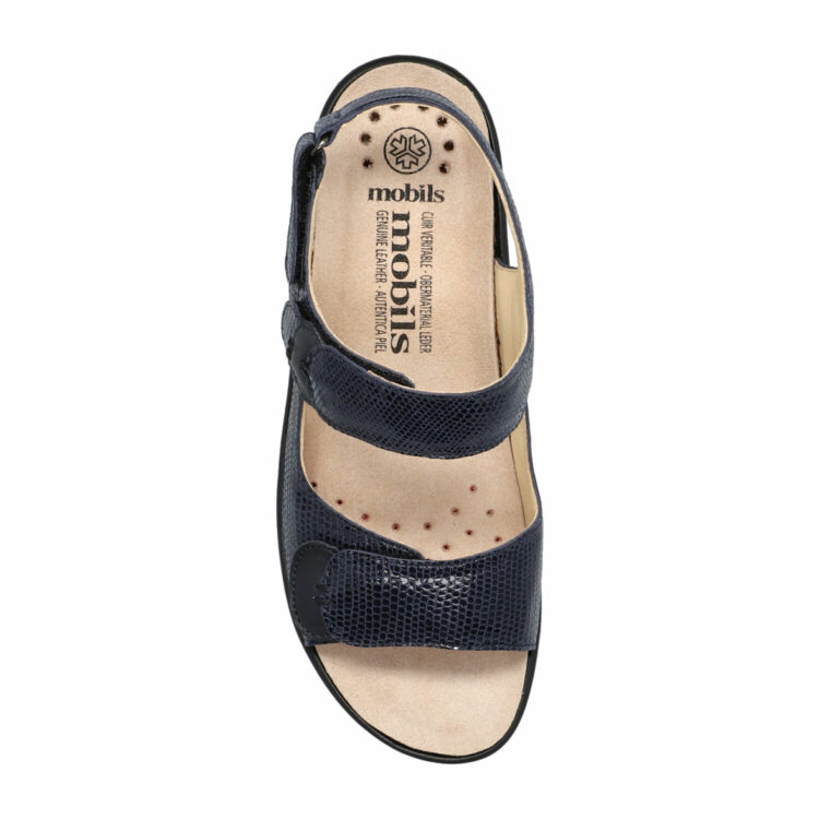 Sandales réglables pour femme marque Mobils. Getha Navy. Disponible chez Chauss'Family magasin de chaussures à Issoire.