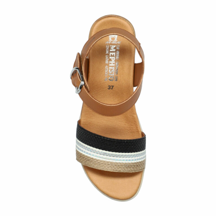 Sandales réglables compensées pour femme marque Mephisto. Sheryl Silk Brandy. Disponible chez Chauss'Family magasin de chaussures à Issoire.