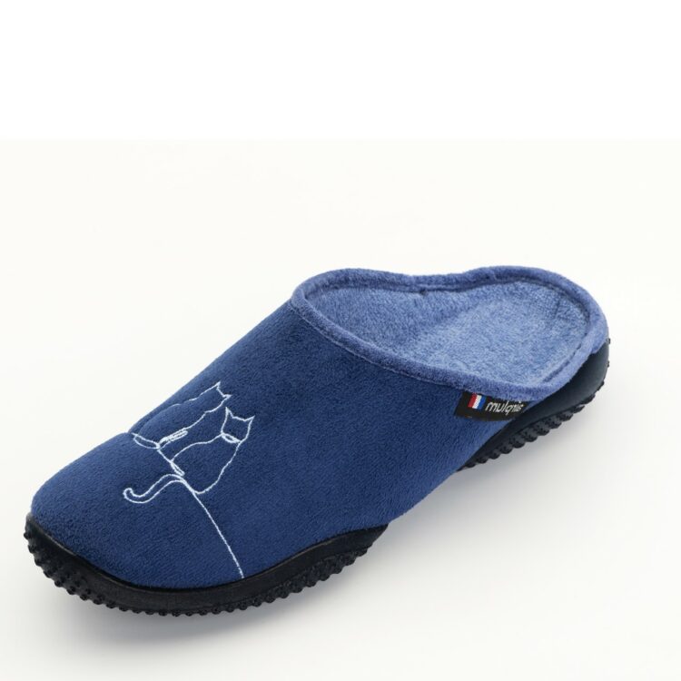 Mules motif chat pour femme de la marque Airplum. Référence : Bonchat Bleu. Disponible chez Chauss'Family magasin de chaussures à Issoire.