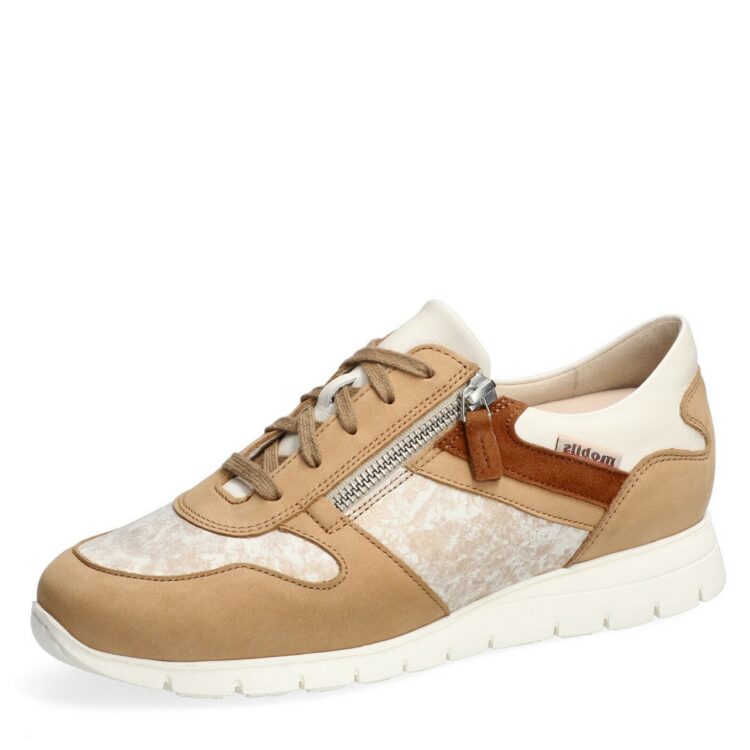 Baskets beige et marron Mobils pour femme. Référence : Dyria Sand. Disponible chez Chauss'Family magasin de chaussures à Issoire.