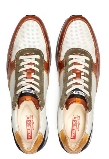 Baskets blanche et marron pour homme de la marque Pikolinos. Référence : Cambil M5N-6111C2 Brick. Disponible chez Chauss'Family magasin chaussures Issoire.
