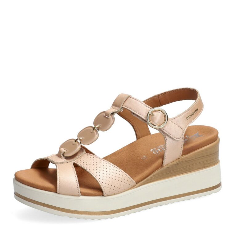 Sandales réglables compensées pour femme marque Mephisto. Seline Perlking Pale Blush. Disponible chez Chauss'Family magasin de chaussures à Issoire.