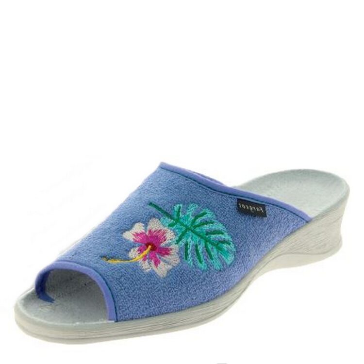 Mules à bout ouvert Fargeot pour femme. Référence : Nadine Bleu. Disponible chez Chauss'Family magasin de chaussures à Issoire.