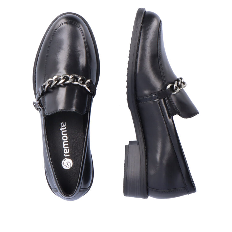 Mocassins noirs pour femme marque Remonte. Référence D0F03-01 Schwarz. Disponible chez Chauss'Family magasin de chaussures Issoire.