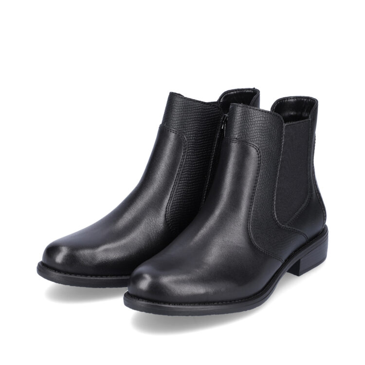 Bottines noires pour femme marque Remonte. Référence D0F70-01 Schwarz. Disponible chez Chauss'Family magasin de chaussures Issoire.