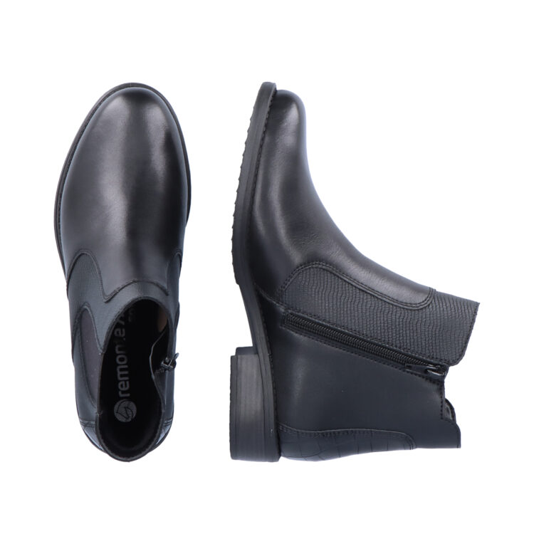 Bottines noires pour femme marque Remonte. Référence D0F70-01 Schwarz. Disponible chez Chauss'Family magasin de chaussures Issoire.