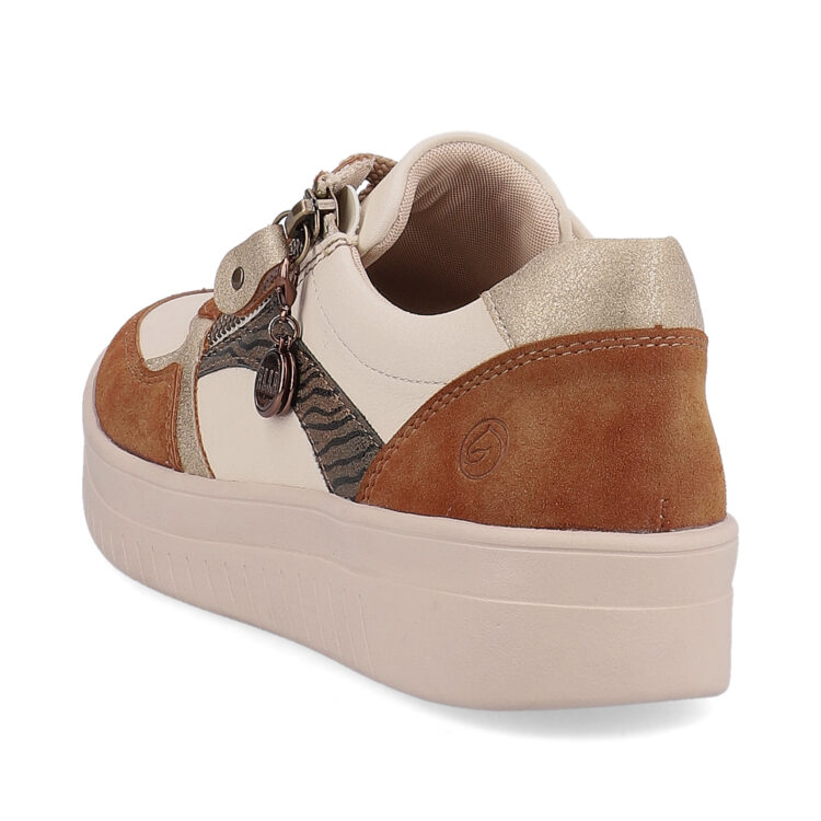 Baskets marron et beige pour femme marque Remonte. Référence D0J01-24 Ginger Gold. Disponible chez Chauss'Family magasin de chaussures à Issoire.