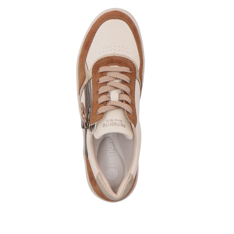 Baskets marron et beige pour femme marque Remonte. Référence D0J01-24 Ginger Gold. Disponible chez Chauss'Family magasin de chaussures à Issoire.