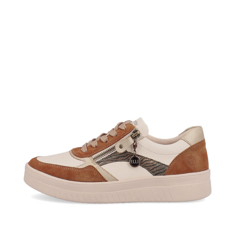 Baskets marron et beige pour femme marque Remonte. Référence D0J01-24 Ginger Gold. Disponible chez Chauss'Family magasin de chaussures à Issoire.