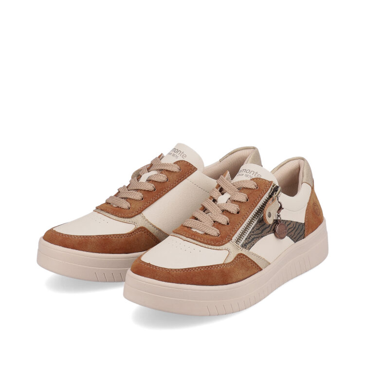 Baskets marron et beige pour femme marque Remonte. Référence D0J01-24 Ginger Gold. Disponible chez Chauss'Family magasin de chaussures à Issoire.