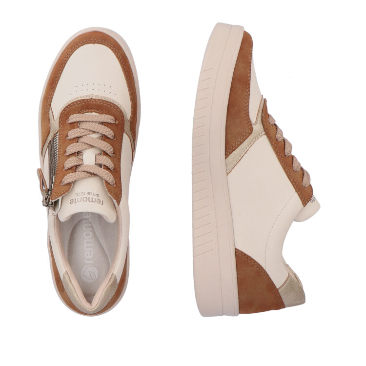 Baskets marron et beige pour femme marque Remonte. Référence D0J01-24 Ginger Gold. Disponible chez Chauss'Family magasin de chaussures à Issoire.