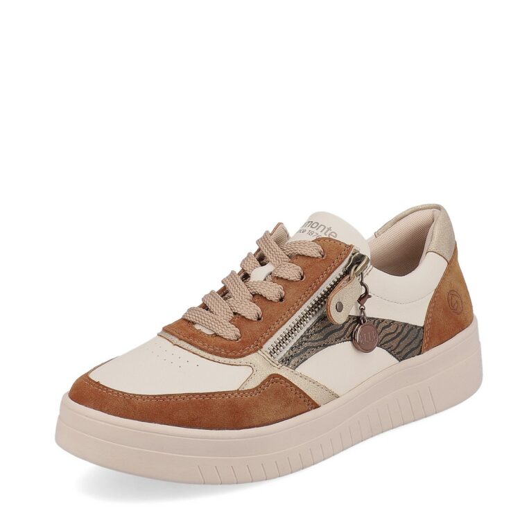 Baskets marron et beige pour femme marque Remonte. Référence D0J01-24 Ginger Gold. Disponible chez Chauss'Family magasin de chaussures à Issoire.