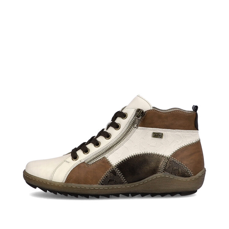 Baskets montantes beige et marron pour femme marque Remonte. Référence R1467-60 Porzellan Chestnut. Disponible chez Chauss'Family magasin de chaussures Issoire.