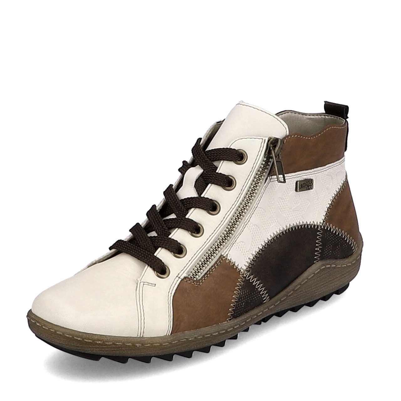 Baskets montantes beige et marron pour femme marque Remonte. Référence R1467-60 Porzellan Chestnut. Disponible chez Chauss'Family magasin de chaussures Issoire.