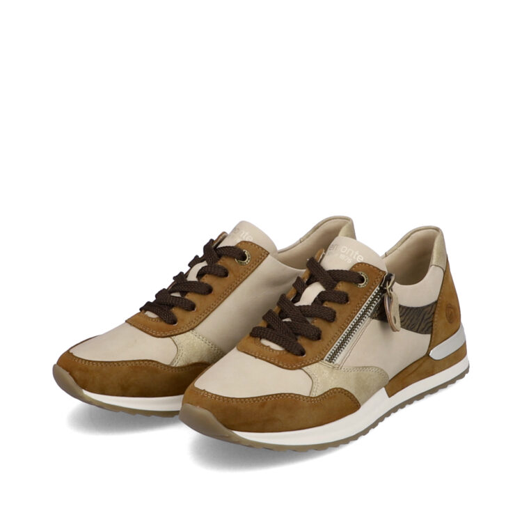 Baskets marron et beige pour femme marque Remonte. Référence R2548-24 Tigerprint Gold. Disponible chez Chauss'Family magasin de chaussures à Issoire.