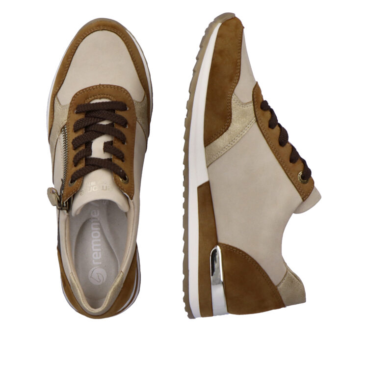 Baskets marron et beige pour femme marque Remonte. Référence R2548-24 Tigerprint Gold. Disponible chez Chauss'Family magasin de chaussures à Issoire.