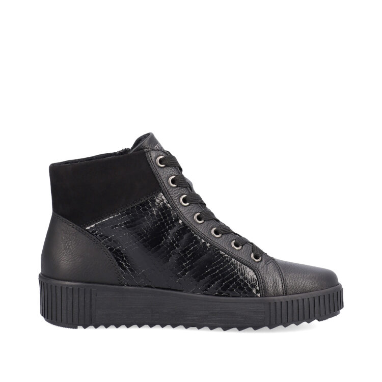 Baskets montantes noires pour femme marque Remonte. Référence R7997-01 Schwarz. Disponible chez Chauss'Family magasin de chaussures Issoire