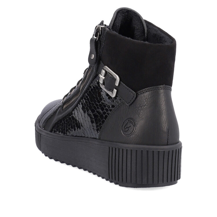 Baskets montantes noires pour femme marque Remonte. Référence R7997-01 Schwarz. Disponible chez Chauss'Family magasin de chaussures Issoire