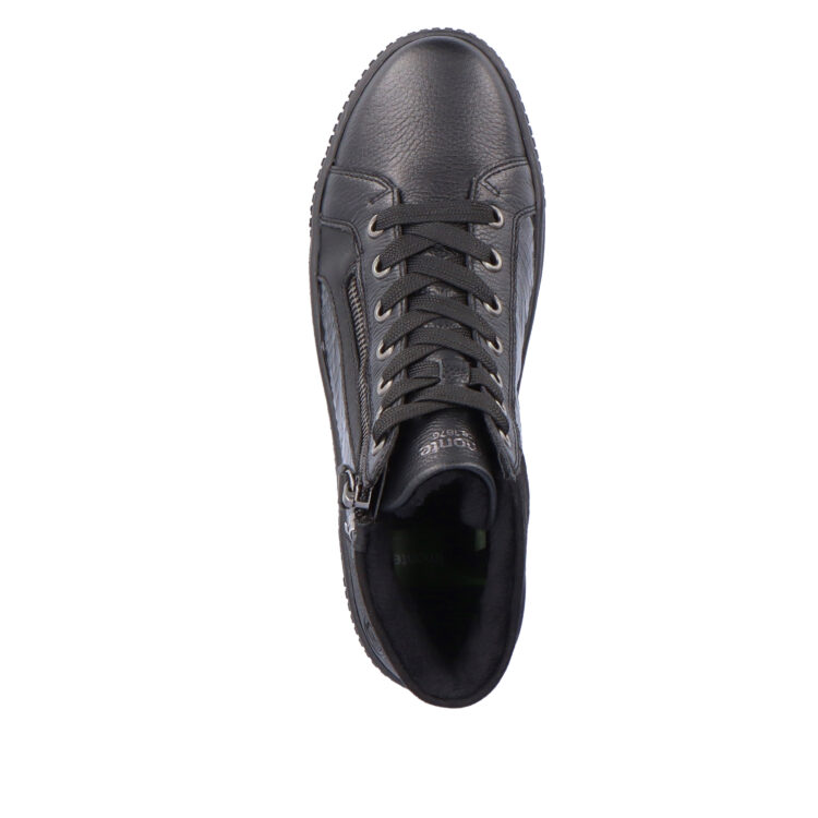 Baskets montantes noires pour femme marque Remonte. Référence R7997-01 Schwarz. Disponible chez Chauss'Family magasin de chaussures Issoire