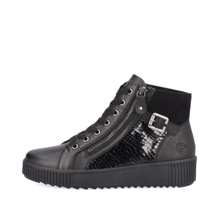 Baskets montantes noires pour femme marque Remonte. Référence R7997-01 Schwarz. Disponible chez Chauss'Family magasin de chaussures Issoire