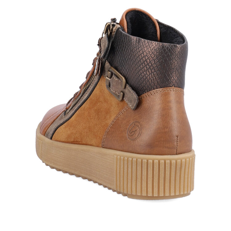 Baskets montantes marron pour femme marque Remonte. Référence R7997-24 Brown. Disponible chez Chauss'Family magasin de chaussures Issoire.