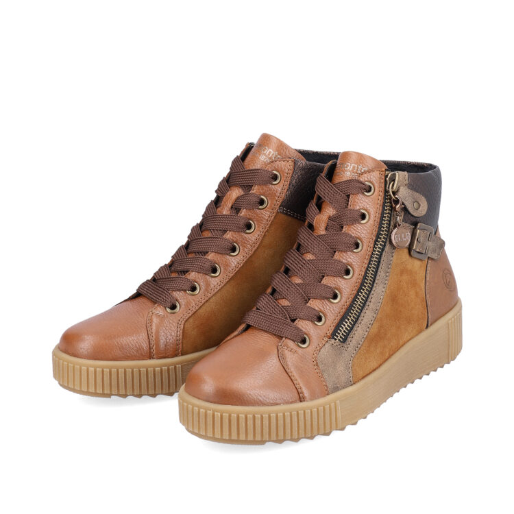 Baskets montantes marron pour femme marque Remonte. Référence R7997-24 Brown. Disponible chez Chauss'Family magasin de chaussures Issoire.