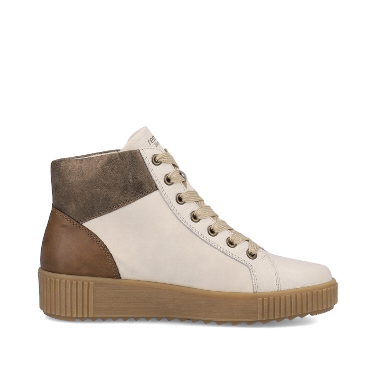 Baskets montantes beiges pour femme marque Remonte. Référence R7997-80 Crema. Disponible chez Chauss'Family magasin de chaussures Issoire.