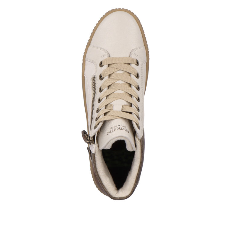 Baskets montantes beiges pour femme marque Remonte. Référence R7997-80 Crema. Disponible chez Chauss'Family magasin de chaussures Issoire.