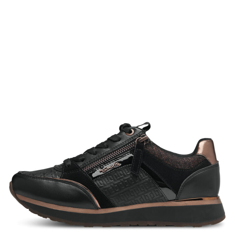 Baskets noires pour femme marque Tamaris. Référence 23726-41 096 Black copper. Disponible chez Chauss'Family magasin de chaussures à Issoire.