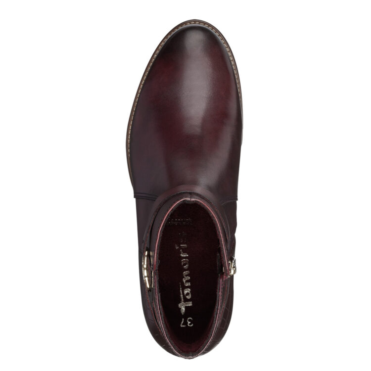 Bottines bordeaux de la marque Tamaris. Référence 25047-41 549 Bordeaux. Disponible chez Chauss'Family magasin de chaussures à Issoire.