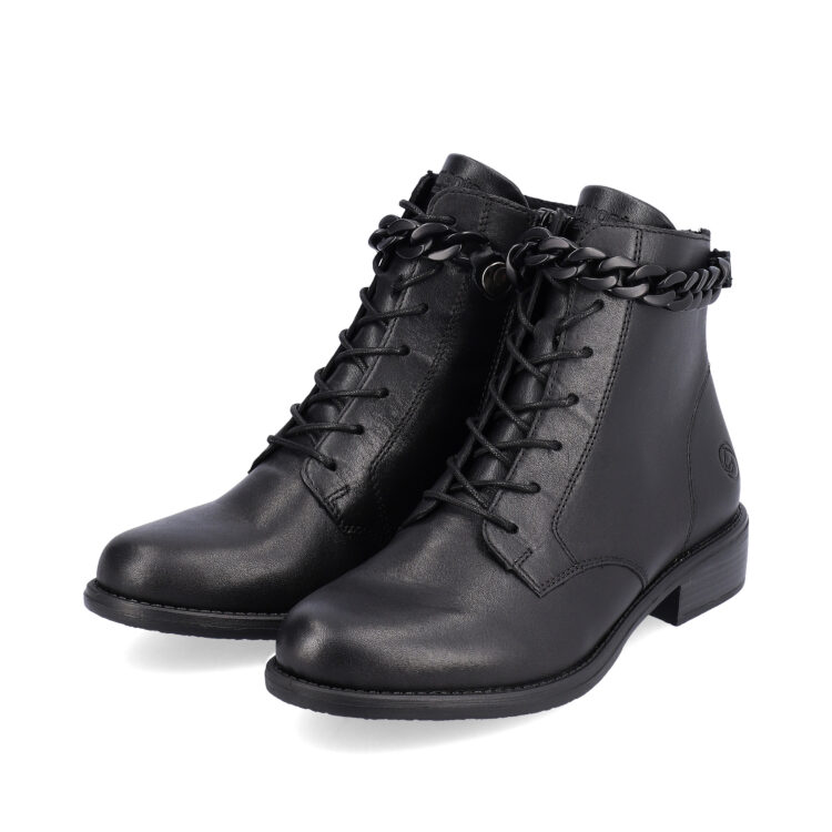 Bottines à lacets pour femme marque Remonte. Référence D0F74-01 Schwarz. Disponible chez Chauss'Family magasin de chaussures Issoire.