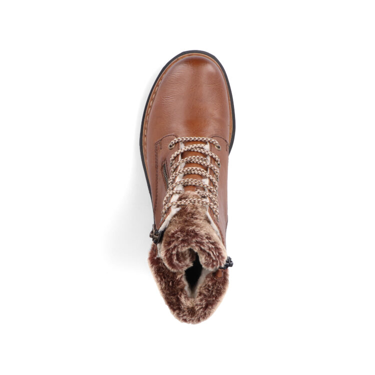 Bottines marron chaudes pour femme marque Rieker. Référence 72608-24 Muskat. Disponible chez Chauss'Family magasin de chaussures Issoire.