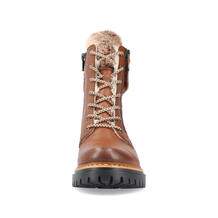 Bottines marron chaudes pour femme marque Rieker. Référence 72608-24 Muskat. Disponible chez Chauss'Family magasin de chaussures Issoire.