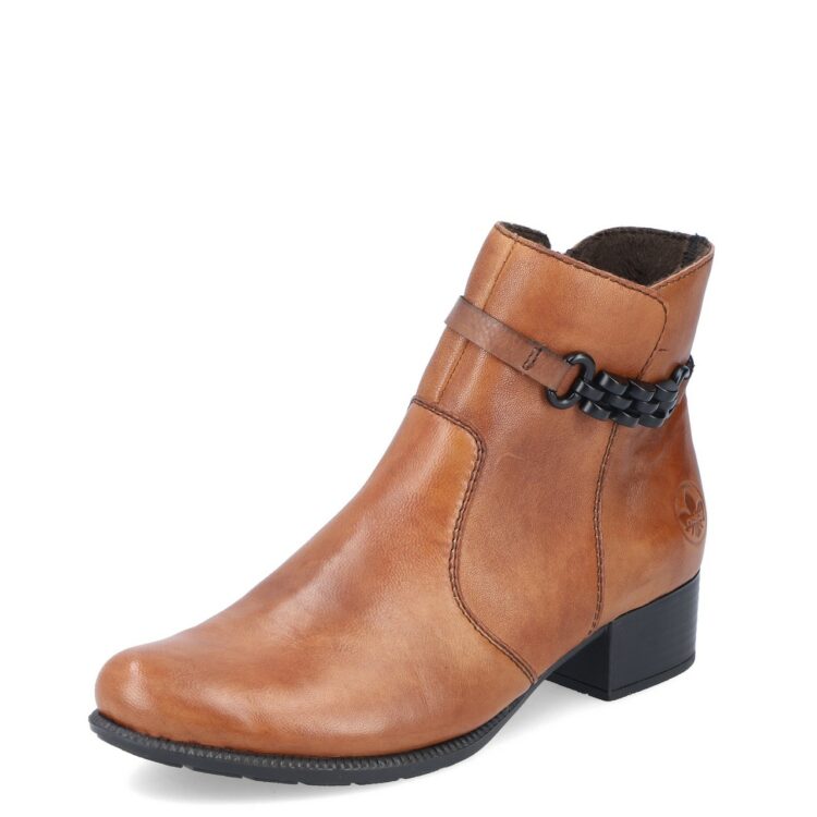 Bottines marron pour femme marque Rieker. Référence 78676-25 Tabacco. Disponible chez Chauss'Family magasin de chaussures Issoire.