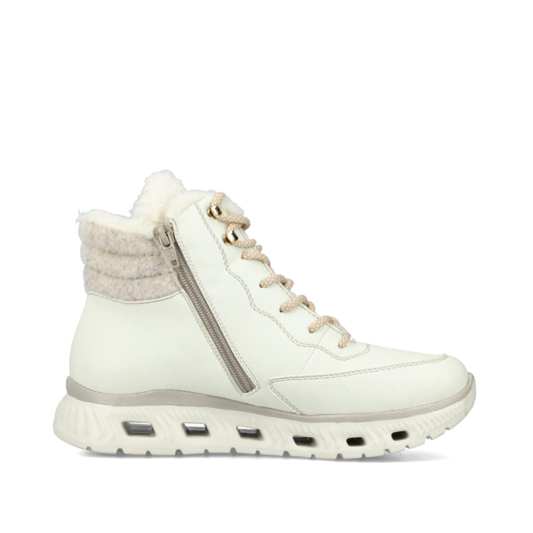 Bottines blanches chaudes pour femme marque Rieker. Référence M6010-80 Dirtywhite. Disponible chez Chauss'Family magasin de chaussures Issoire.