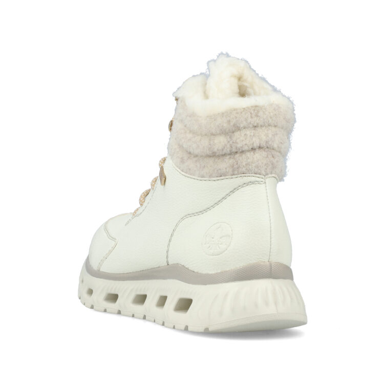 Bottines blanches chaudes pour femme marque Rieker. Référence M6010-80 Dirtywhite. Disponible chez Chauss'Family magasin de chaussures Issoire.