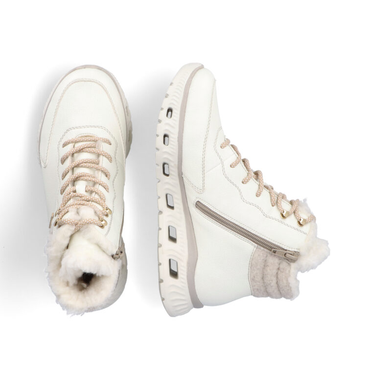 Bottines blanches chaudes pour femme marque Rieker. Référence M6010-80 Dirtywhite. Disponible chez Chauss'Family magasin de chaussures Issoire.