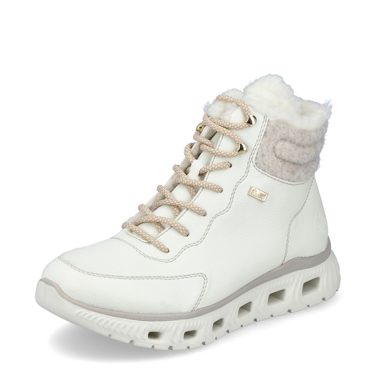 Bottines blanches chaudes pour femme marque Rieker. Référence M6010-80 Dirtywhite. Disponible chez Chauss'Family magasin de chaussures Issoire.