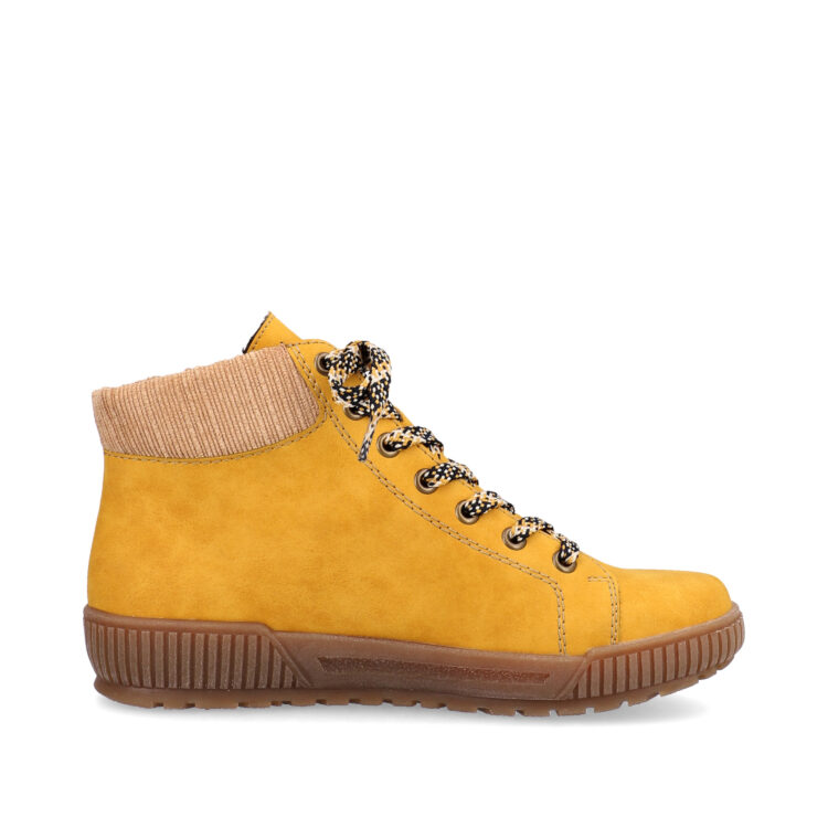Baskets montantes jaunes pour femme marque Rieker. Référence N0719-68 Honig. Disponible chez Chauss'Family magasin de chaussures Issoire