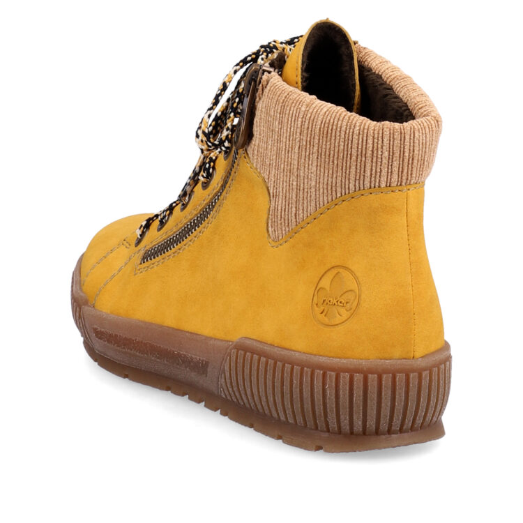 Baskets montantes jaunes pour femme marque Rieker. Référence N0719-68 Honig. Disponible chez Chauss'Family magasin de chaussures Issoire