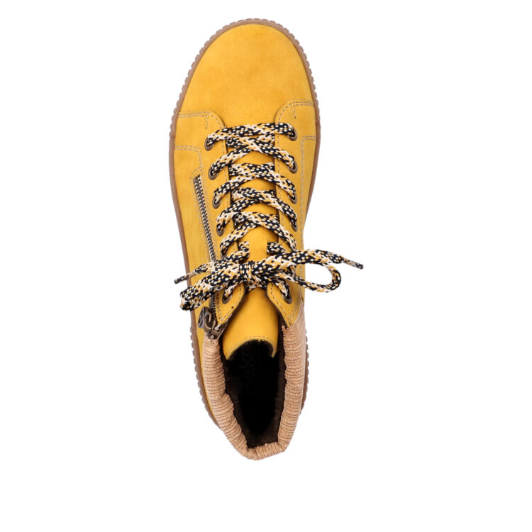 Baskets montantes jaunes pour femme marque Rieker. Référence N0719-68 Honig. Disponible chez Chauss'Family magasin de chaussures Issoire