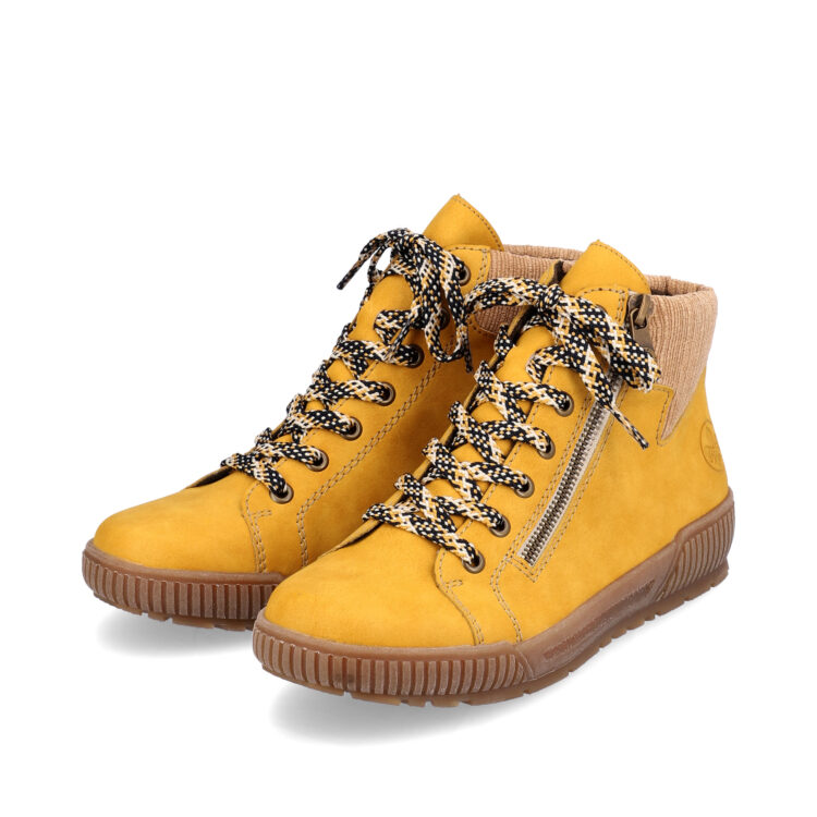 Baskets montantes jaunes pour femme marque Rieker. Référence N0719-68 Honig. Disponible chez Chauss'Family magasin de chaussures Issoire