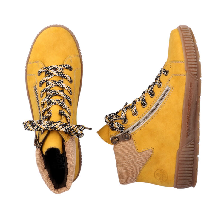 Baskets montantes jaunes pour femme marque Rieker. Référence N0719-68 Honig. Disponible chez Chauss'Family magasin de chaussures Issoire
