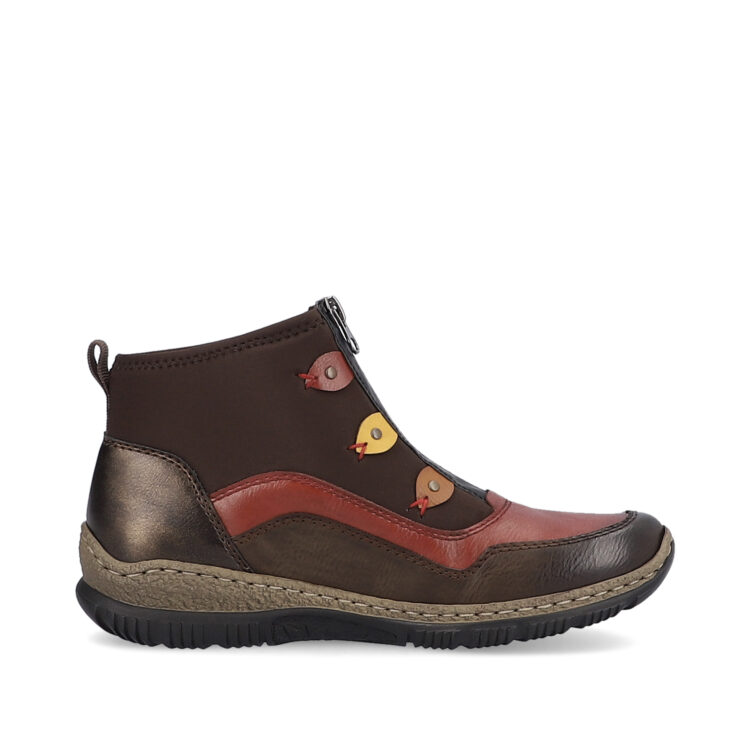 Bottines / bottillon multicolores pour femme de la marque Rieker. Référence N3277-25 Mokka. Disponible chez Chauss'Family magasin de chaussures à Issoire.