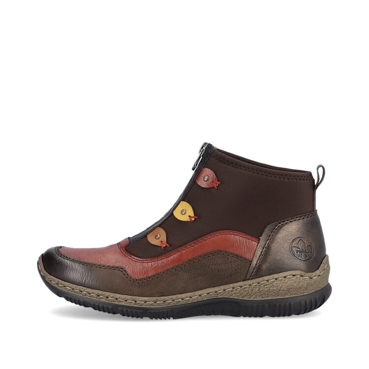Bottines / bottillon multicolores pour femme de la marque Rieker. Référence N3277-25 Mokka. Disponible chez Chauss'Family magasin de chaussures à Issoire.
