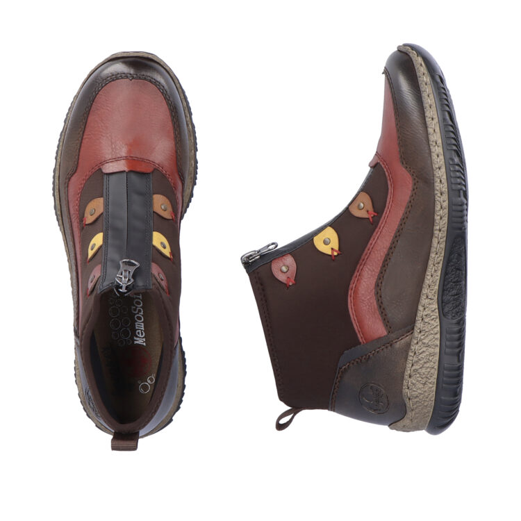 Bottines / bottillon multicolores pour femme de la marque Rieker. Référence N3277-25 Mokka. Disponible chez Chauss'Family magasin de chaussures à Issoire.